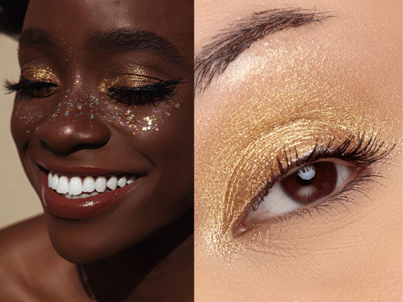 Foto 1: modelo Whitney Madueke usando sombra dourada para make de Carnaval

Foto 2: modelo usando Sombra Jelly Diorium Mari Maria Makeup