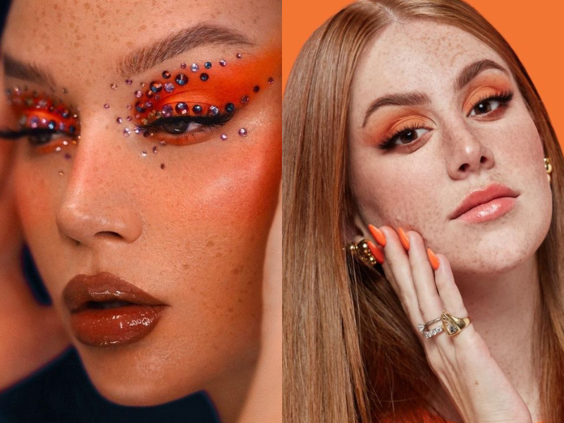 Foto 1: maquiadora Olga Dann usando make de Carnaval laranja

Foto 2: 